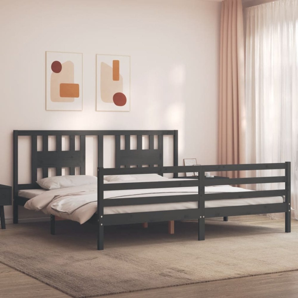 vidaXL Sängram med huvudgavel grå 200x200 cm massivt trä