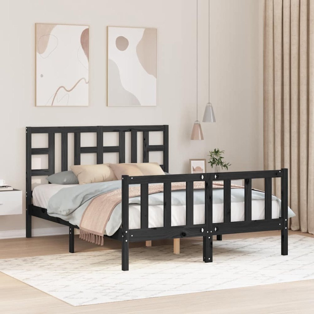 vidaXL Sängram med huvudgavel svart 140x190 cm massivt trä