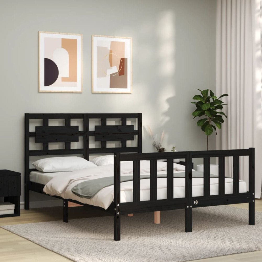 vidaXL Sängram med huvudgavel svart 140x190 cm massivt trä