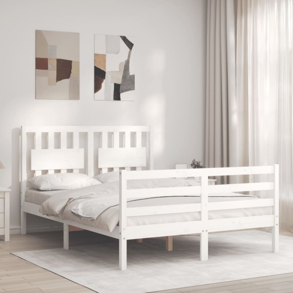 vidaXL Sängram med huvudgavel vit 140x190 cm massivt trä
