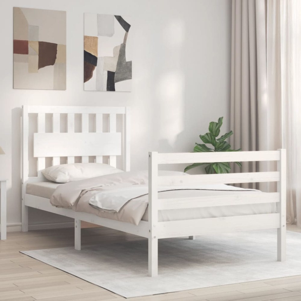 vidaXL Sängram med huvudgavel vit 90x200 cm massivt trä