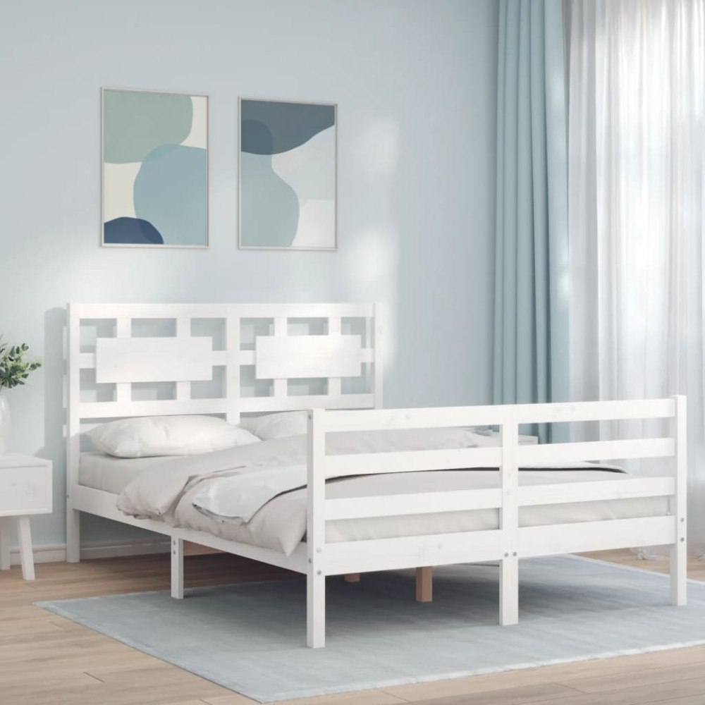vidaXL Sängram med huvudgavel vit 140x190 cm massivt trä