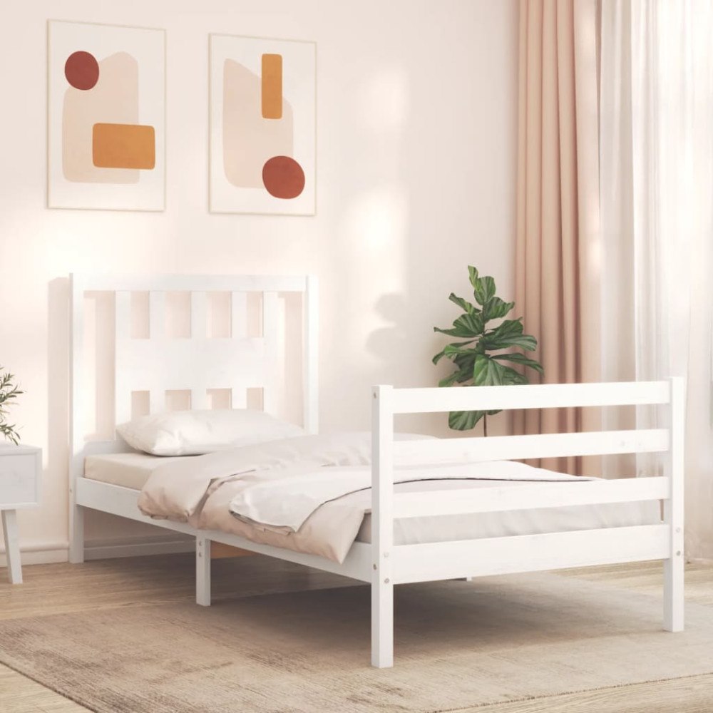 vidaXL Sängram med huvudgavel vit 90x200 cm massivt trä