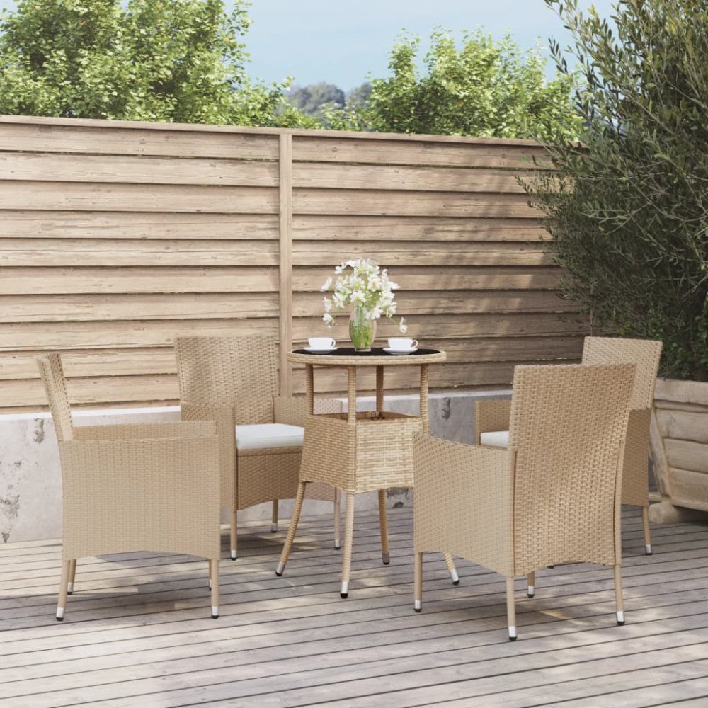 vidaXL Caféset för trädgården 5 delar med dynor beige konstrotting