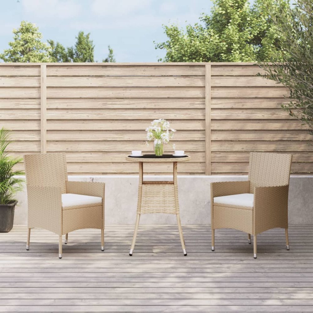 vidaXL Caféset för trädgården 3 delar med dynor beige konstrotting