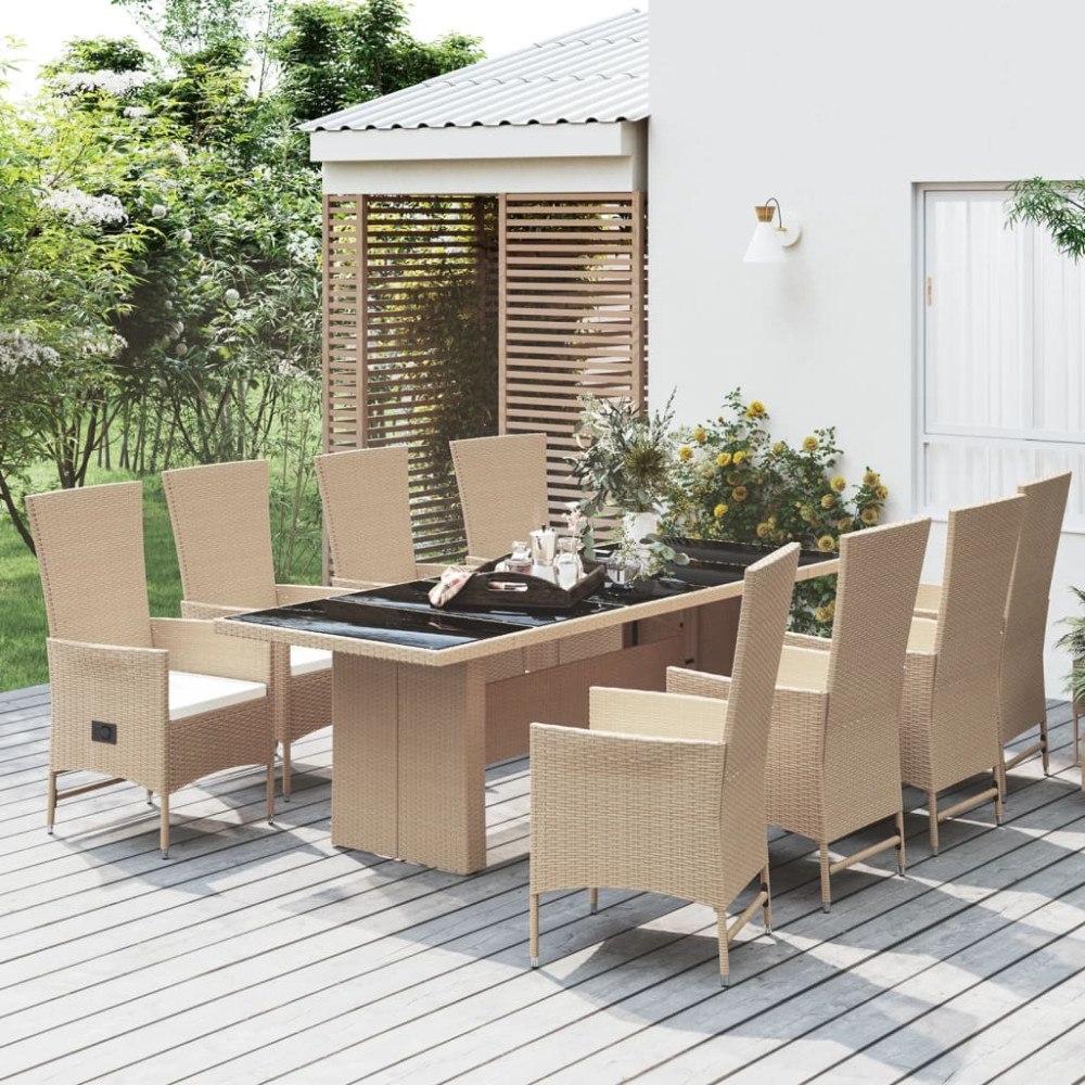 vidaXL Matgrupp för trädgården med dynor 9 delar beige konstrotting