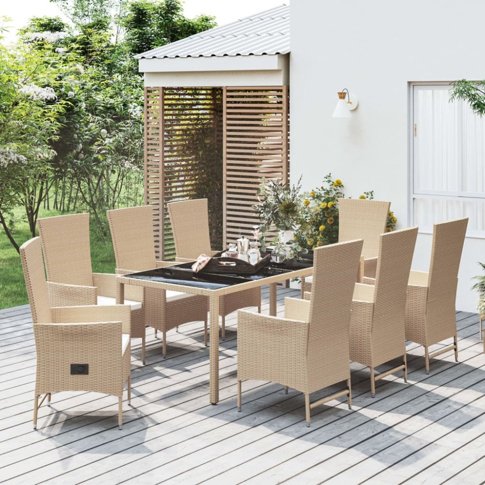 vidaXL Matgrupp för trädgården med dynor 9 delar beige konstrotting
