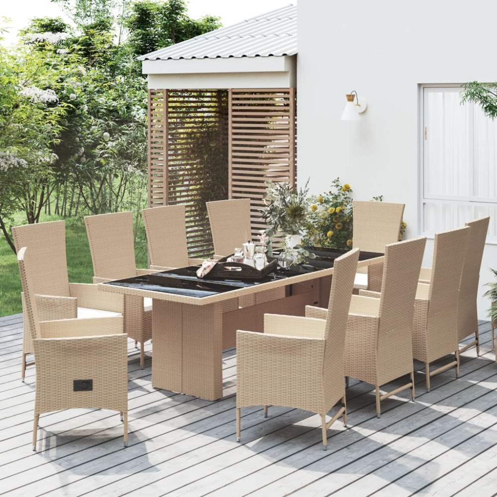 vidaXL Matgrupp för trädgården med dynor 11 delar beige konstrotting
