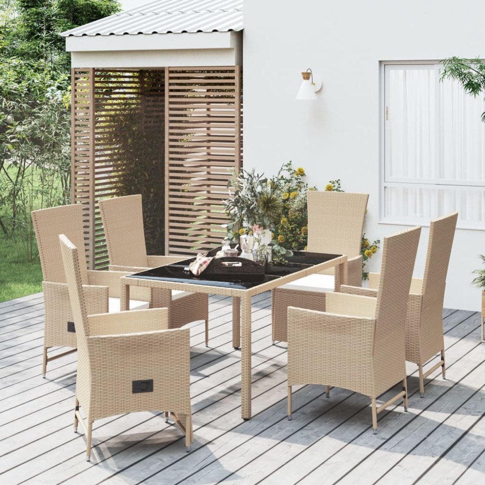 vidaXL Matgrupp för trädgården med dynor 7 delar beige konstrotting