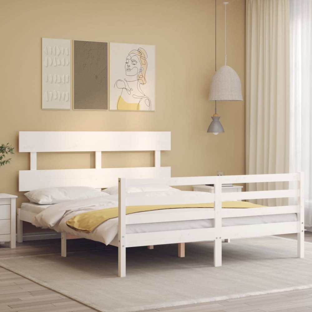 vidaXL Sängram med huvudgavel vit 160x200 cm massivt trä