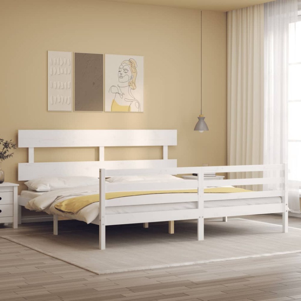 vidaXL Sängram med huvudgavel vit 200x200 cm massivt trä