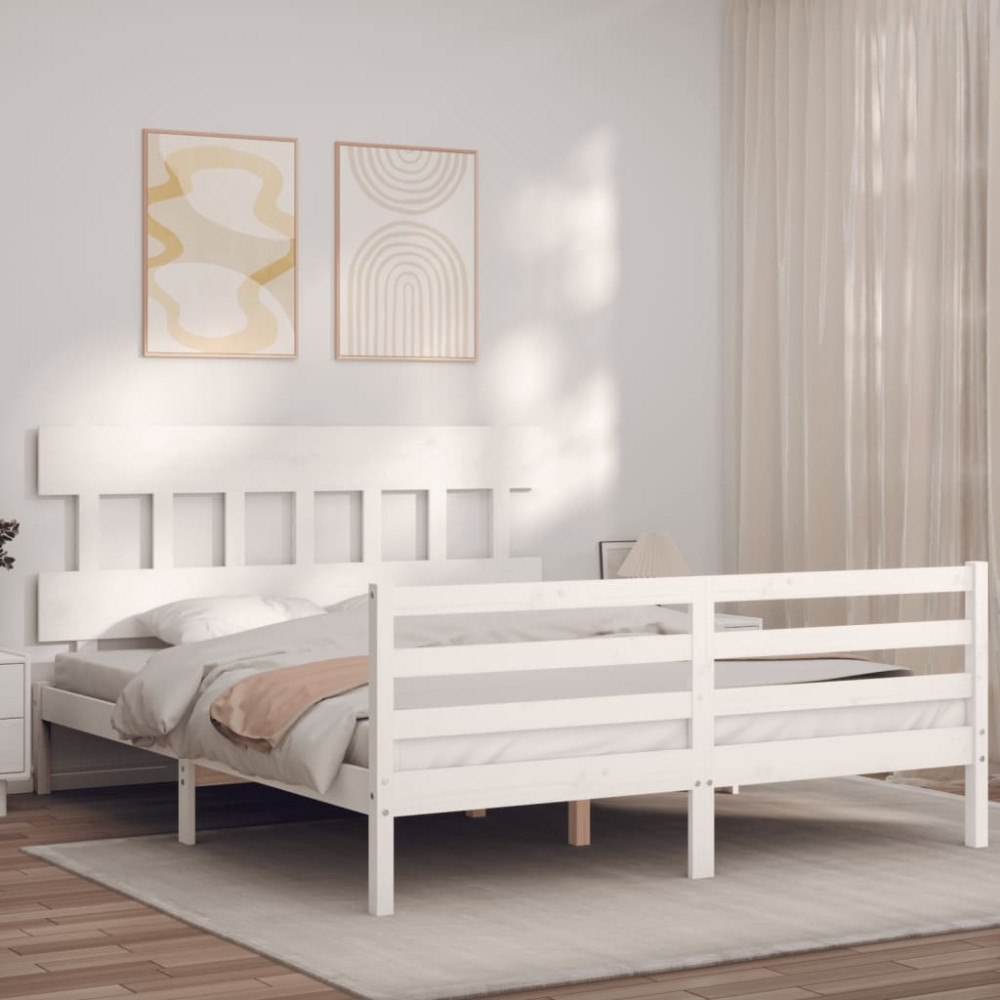 vidaXL Sängram med huvudgavel vit 160x200 cm massivt trä