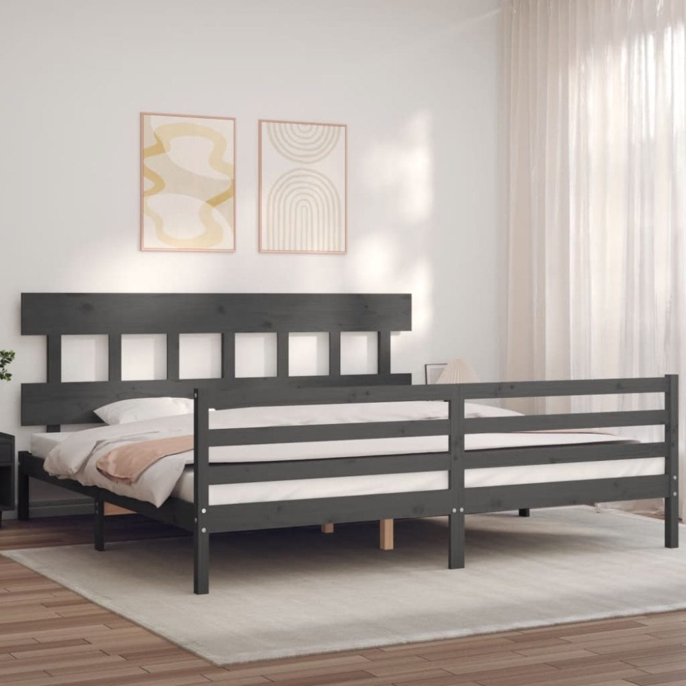 vidaXL Sängram med huvudgavel grå 200x200 cm massivt trä