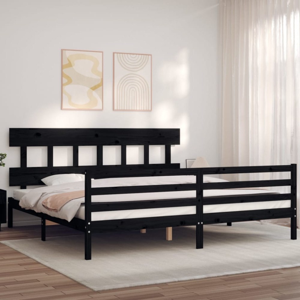 vidaXL Sängram med huvudgavel svart 200x200 cm massivt trä