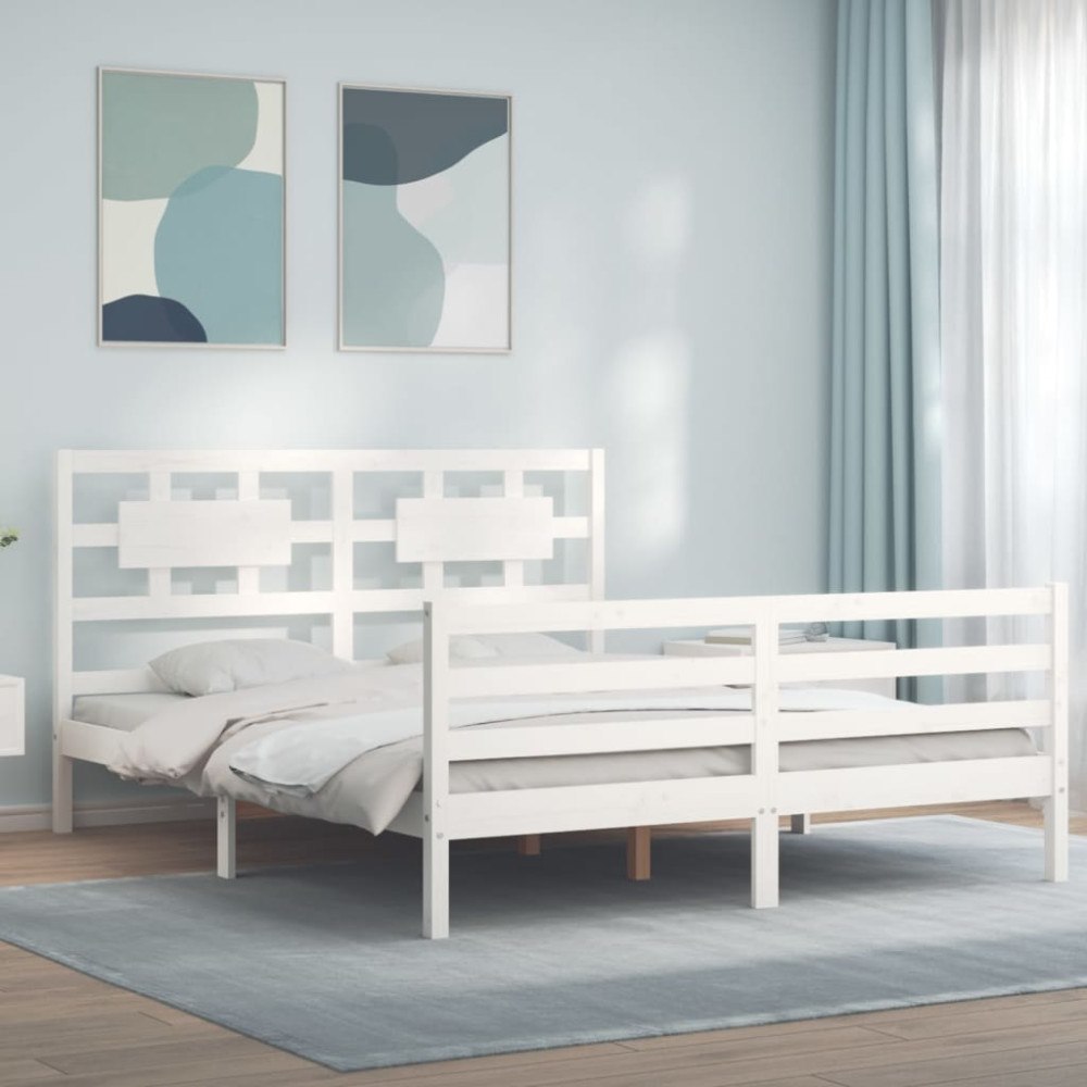 vidaXL Sängram med huvudgavel vit 160x200 cm massivt trä