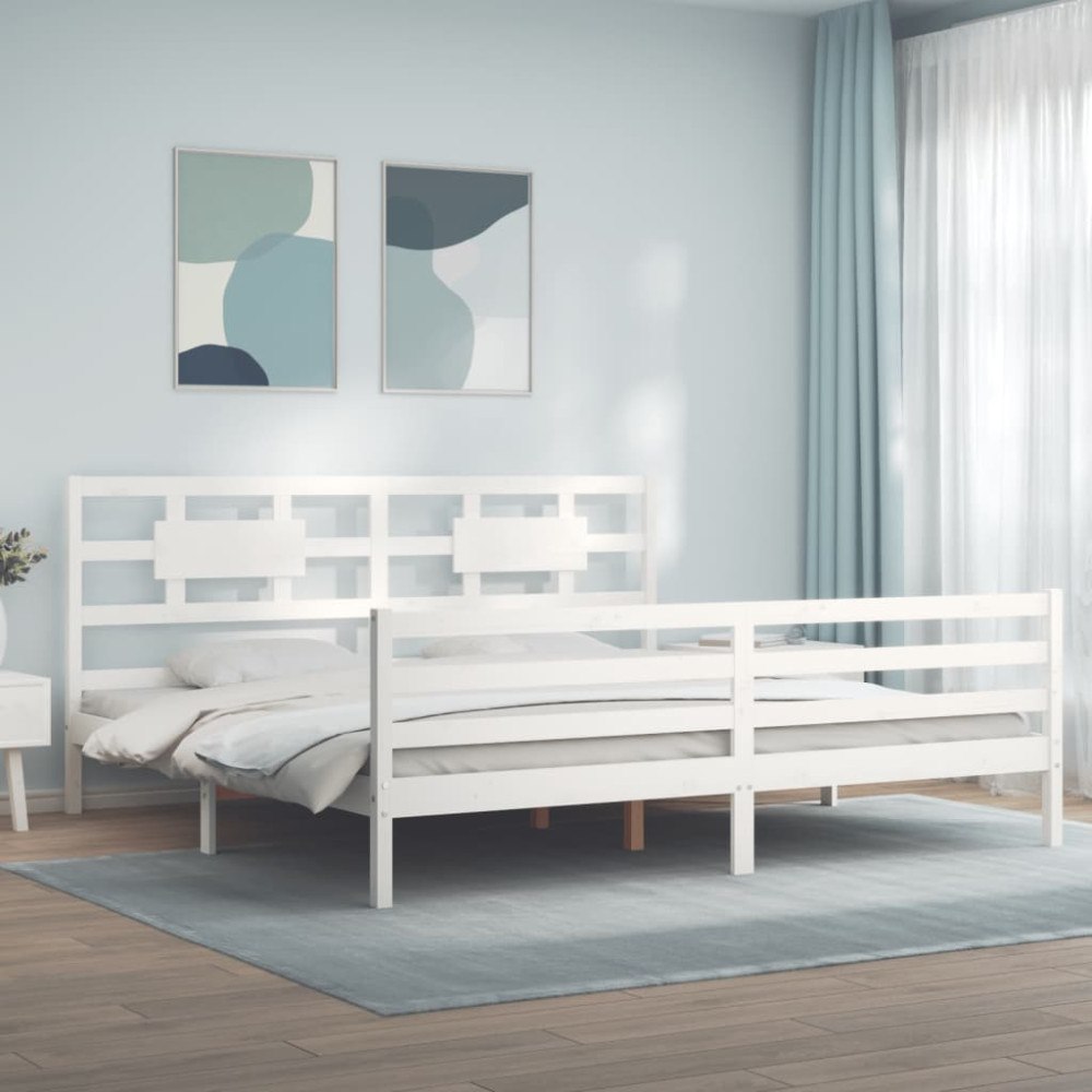 vidaXL Sängram med huvudgavel vit 200x200 cm massivt trä