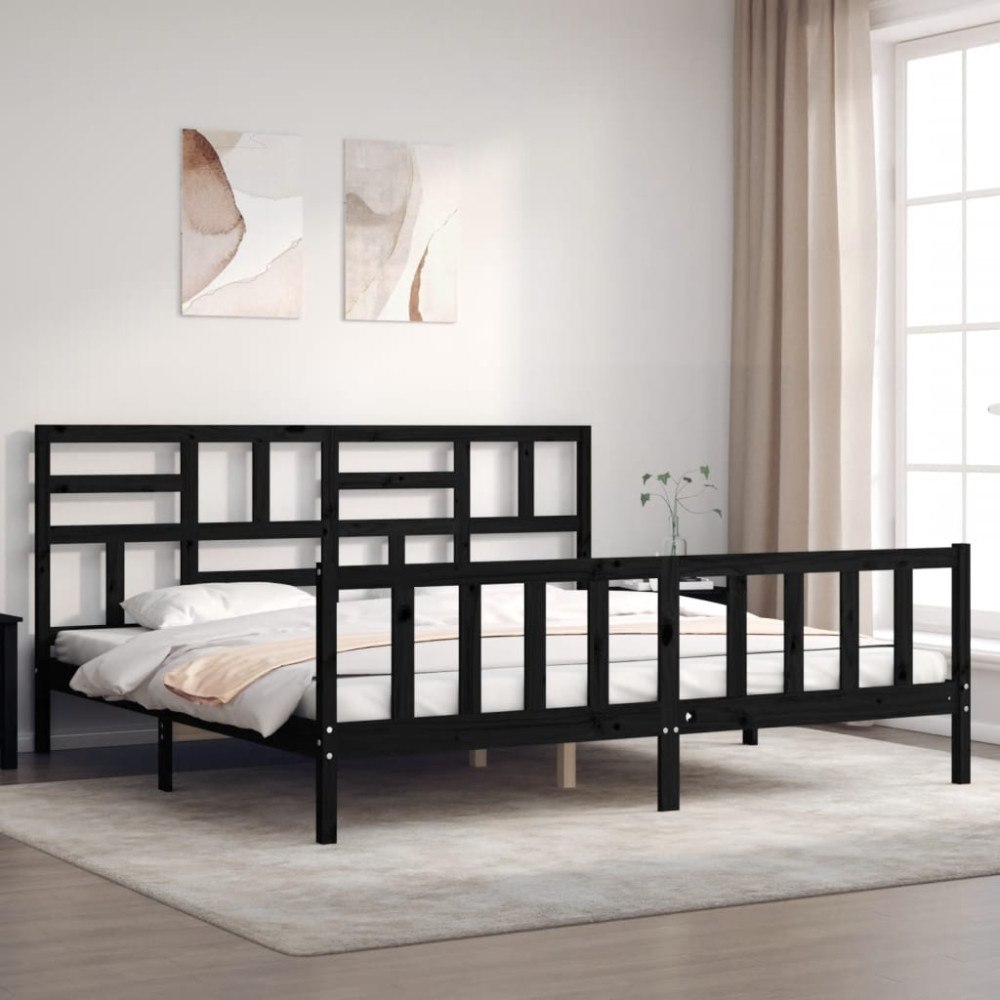 vidaXL Sängram med huvudgavel svart 200x200 cm massivt trä