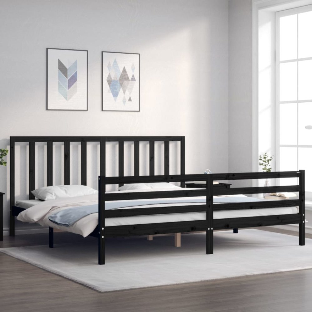 vidaXL Sängram med huvudgavel svart 200x200 cm massivt trä
