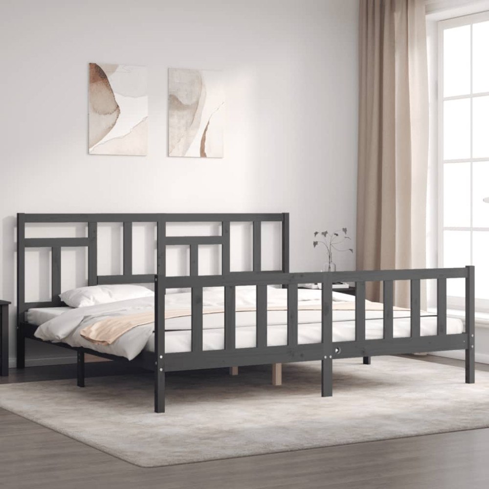vidaXL Sängram med huvudgavel grå 200x200 cm massivt trä