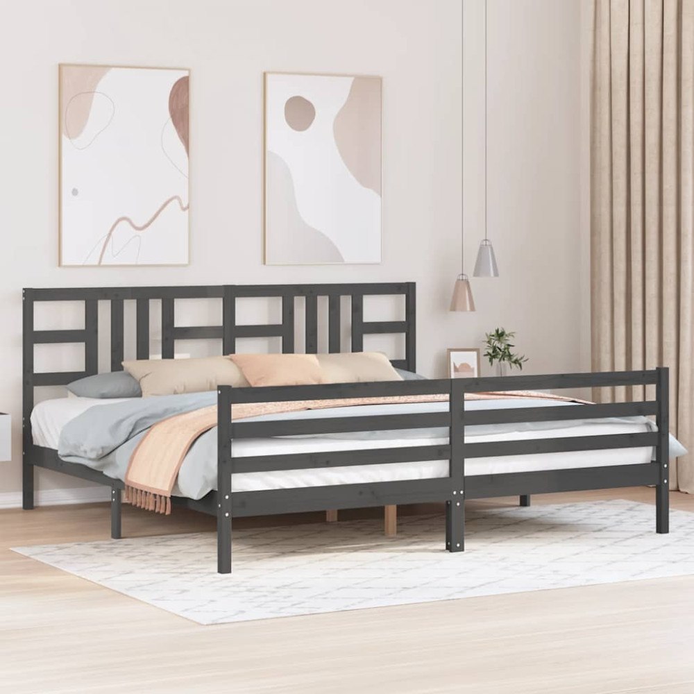 vidaXL Sängram med huvudgavel grå 200x200 cm massivt trä
