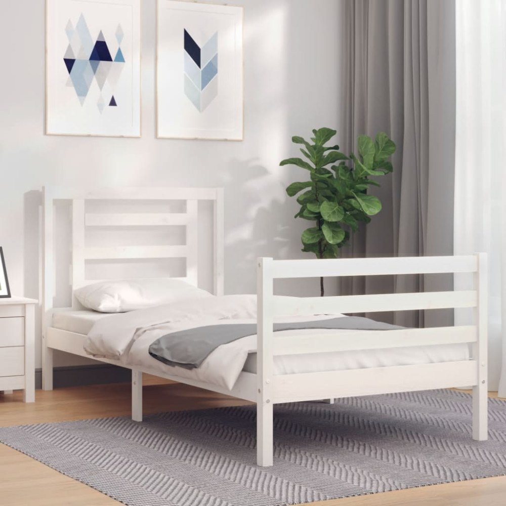 vidaXL Sängram med huvudgavel vit 90x200 cm massivt trä