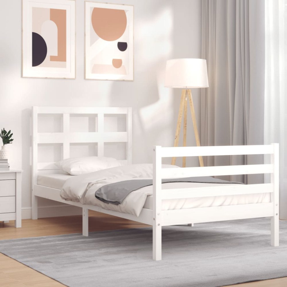 vidaXL Sängram med huvudgavel vit 90x200 cm massivt trä