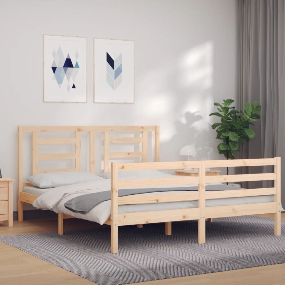 vidaXL Sängram med huvudgavel massivt trä