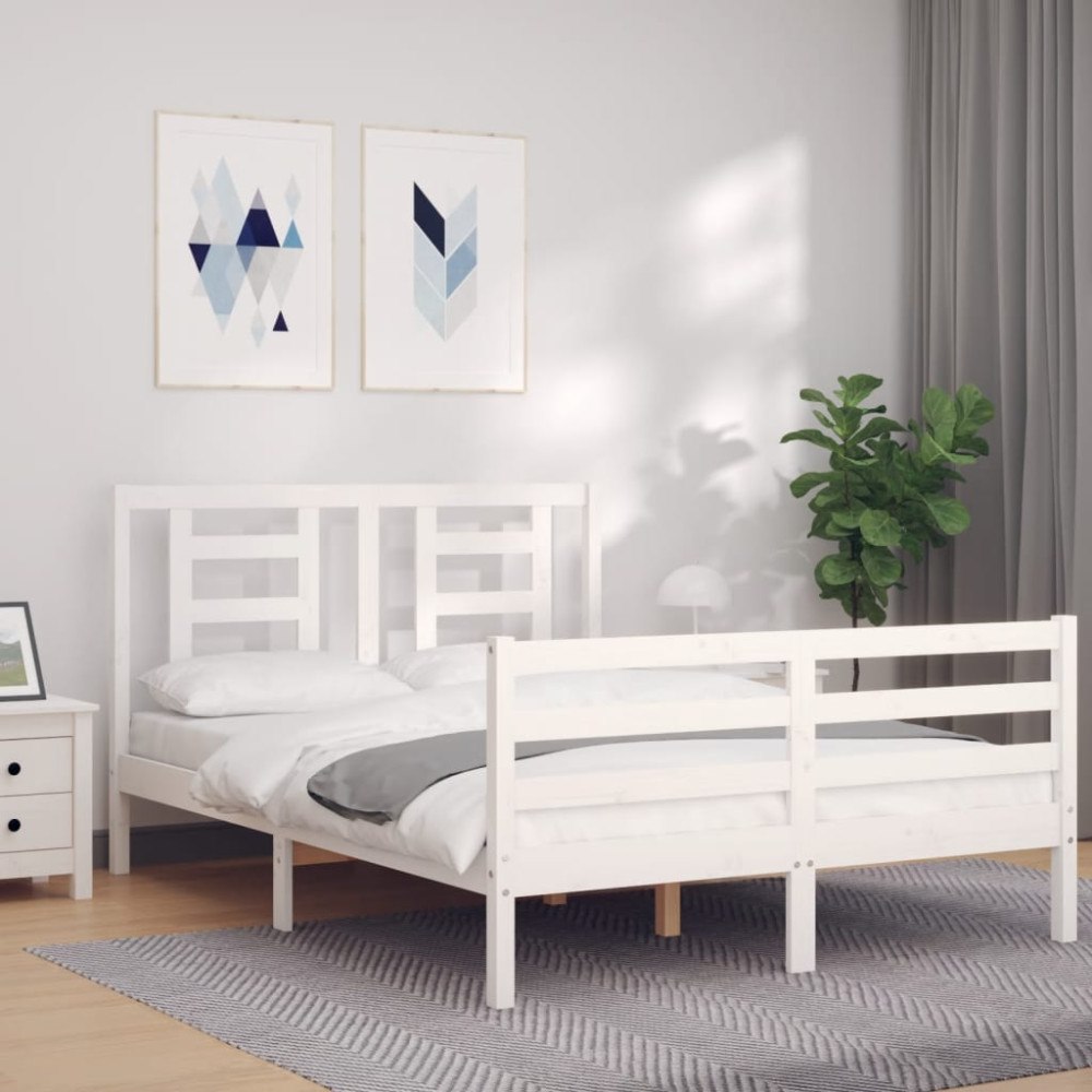 vidaXL Sängram med huvudgavel vit 140x190 cm massivt trä