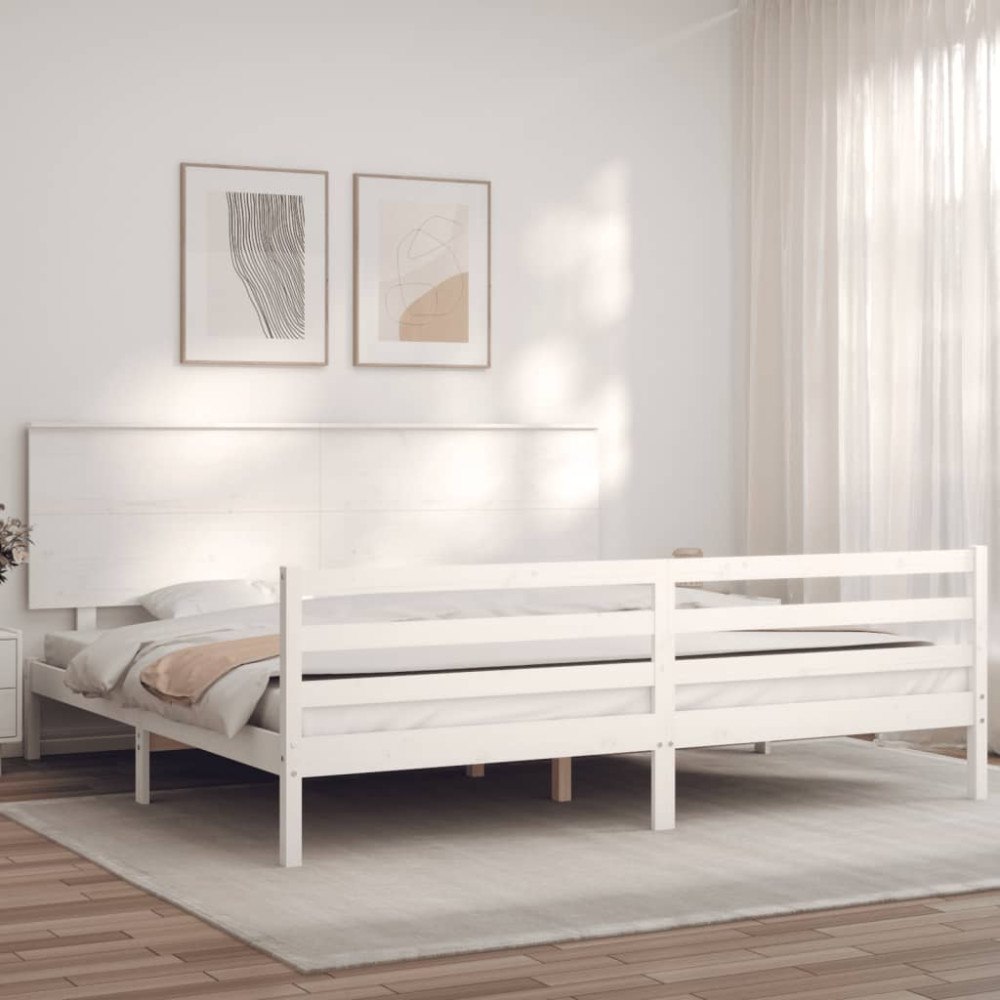 vidaXL Sängram med huvudgavel vit 200x200 cm massivt trä