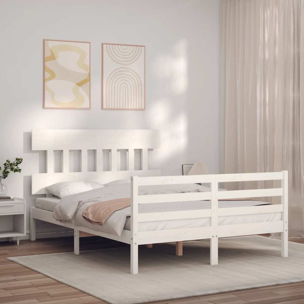 vidaXL Sängram med huvudgavel vit 140x190 cm massivt trä