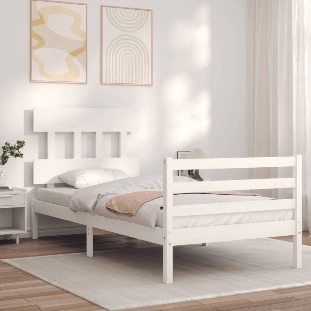 vidaXL Sängram med huvudgavel vit 100x200 cm massivt trä