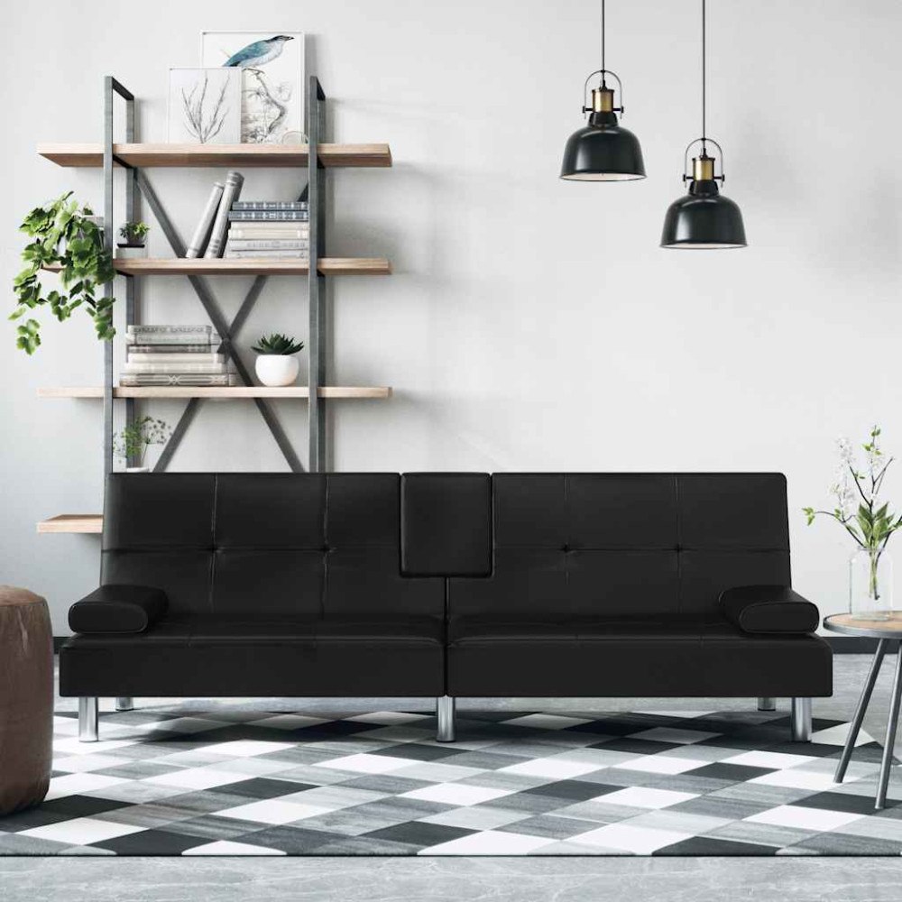 vidaXL Bäddsoffa med mugghållare svart konstläder