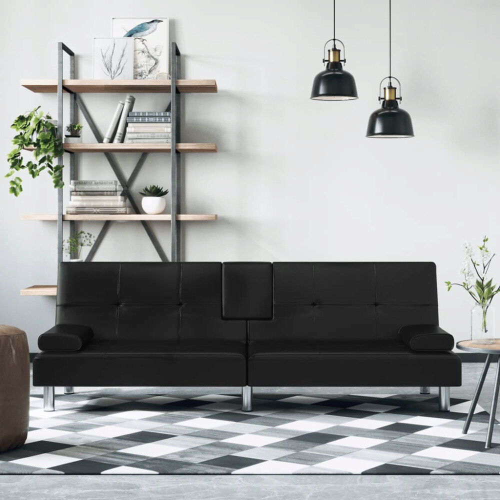 vidaXL Bäddsoffa med mugghållare svart konstläder