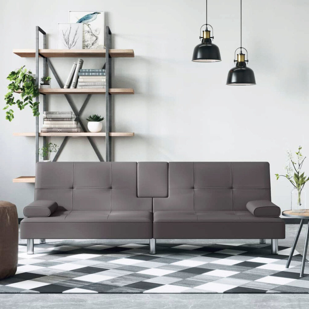 vidaXL Bäddsoffa med mugghållare grå konstläder