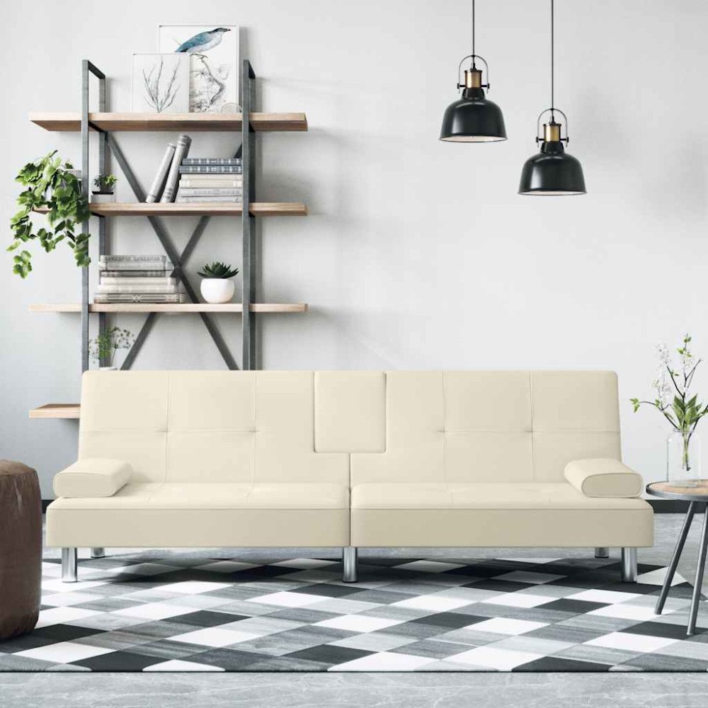 vidaXL Bäddsoffa med mugghållare gräddvit konstläder