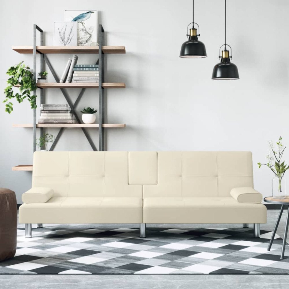 vidaXL Bäddsoffa med mugghållare gräddvit konstläder