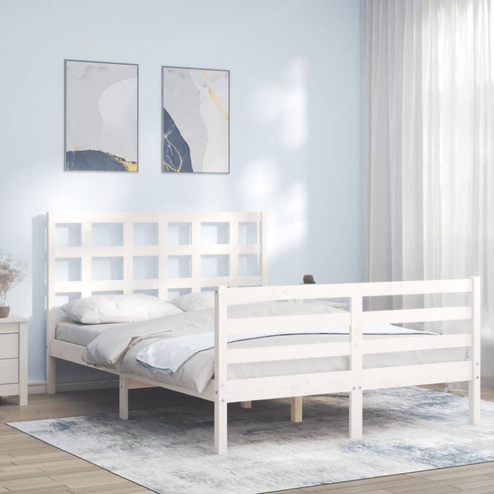 vidaXL Sängram med huvudgavel vit 140x190 cm massivt trä
