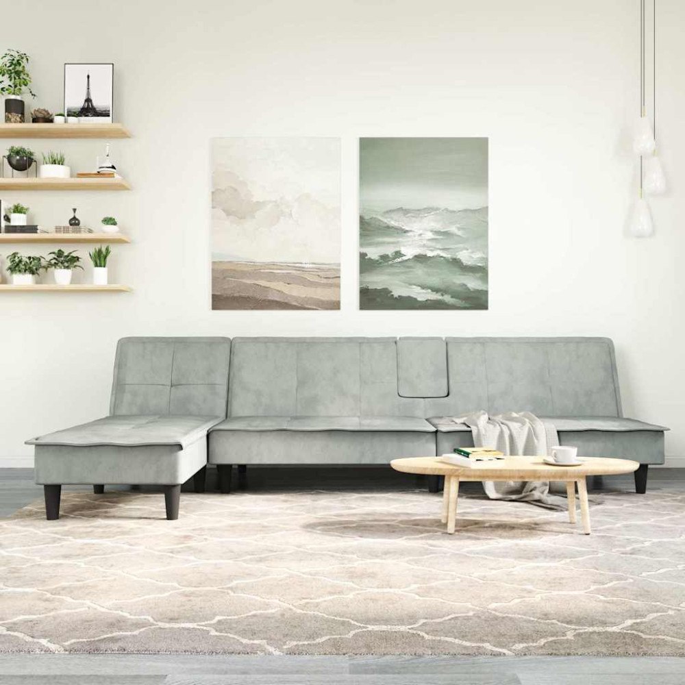 vidaXL L-formad bäddsoffa ljusgrå 255x140x70 cm sammet