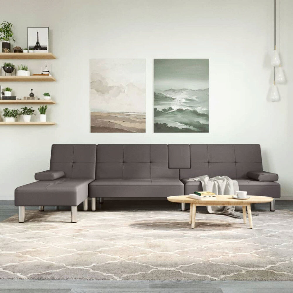 vidaXL L-formad bäddsoffa grå 255x140x70 cm konstläder