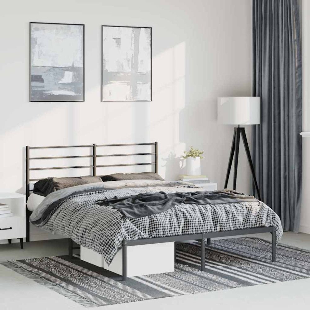 vidaXL Sängram med huvudgavel metall svart 135x190 cm
