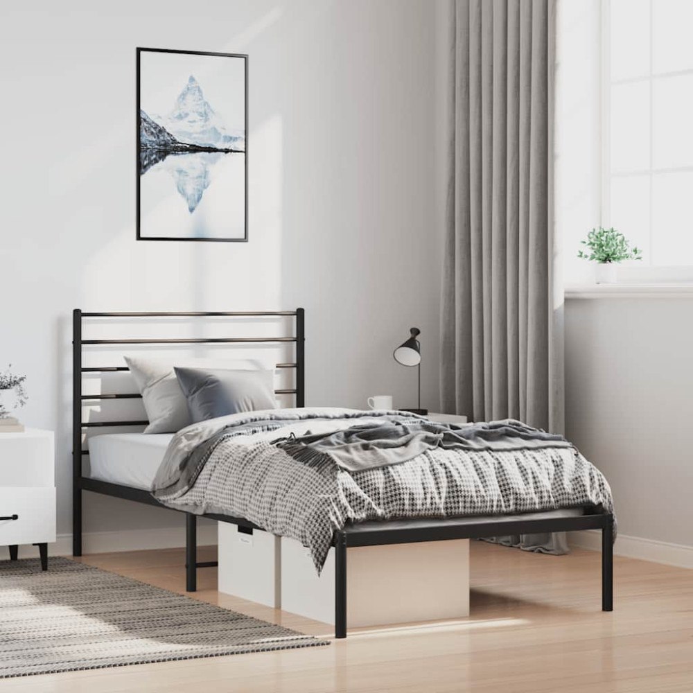 vidaXL Sängram med huvudgavel metall svart 100x190 cm