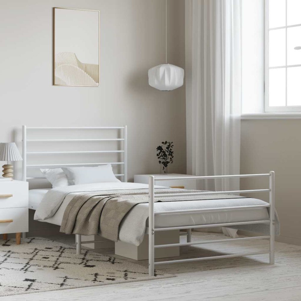 vidaXL Sängram med huvudgavel och fotgavel vit metall 100x190 cm