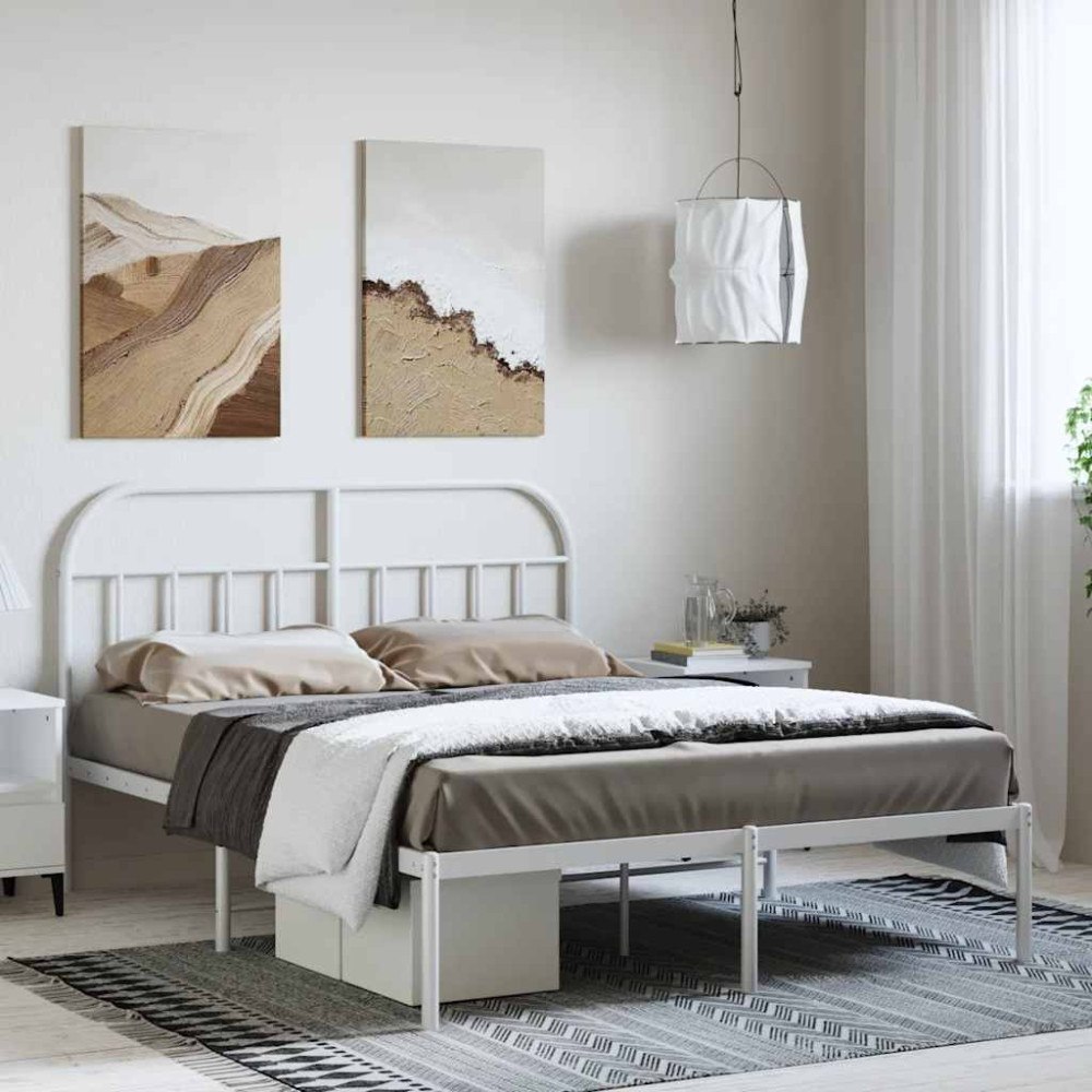 vidaXL Sängram med huvudgavel metall vit 135x190 cm