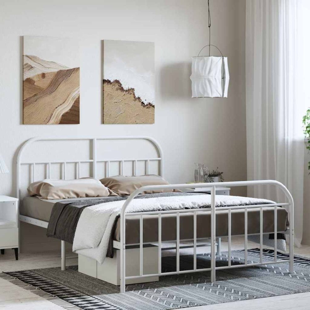 vidaXL Sängram med huvudgavel och fotgavel vit metall 135x190 cm