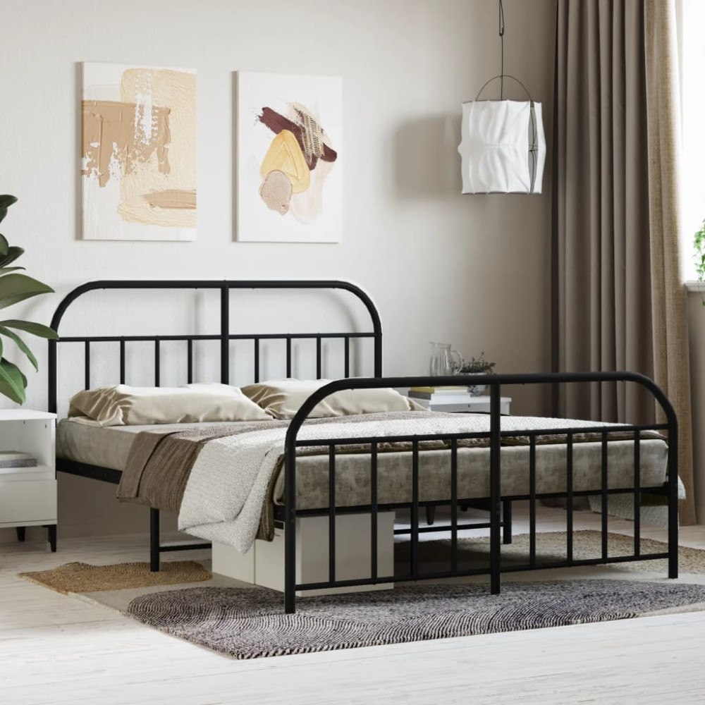 vidaXL Sängram med huvudgavel och fotgavel svart metall 135x190 cm