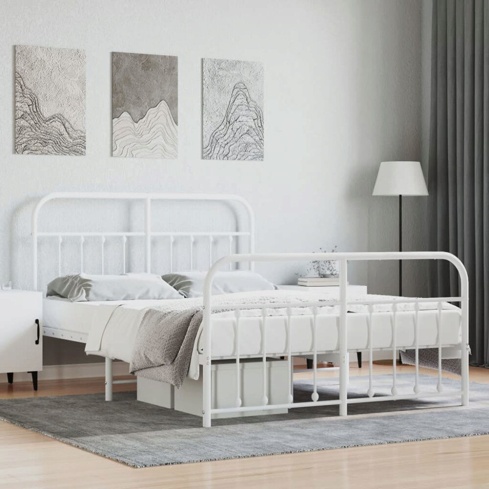 vidaXL Sängram med huvudgavel och fotgavel vit metall 150x200 cm
