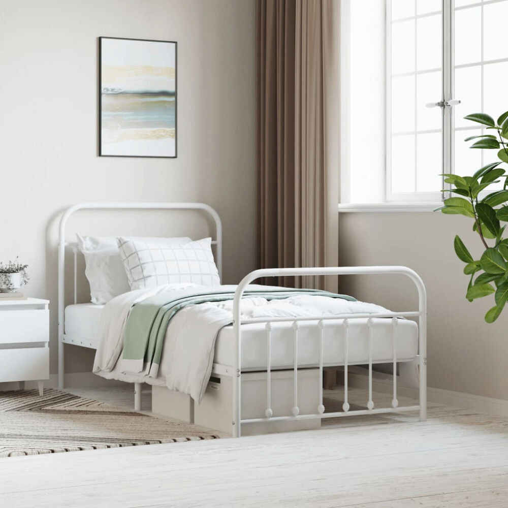vidaXL Sängram med huvudgavel och fotgavel vit metall 100x190 cm