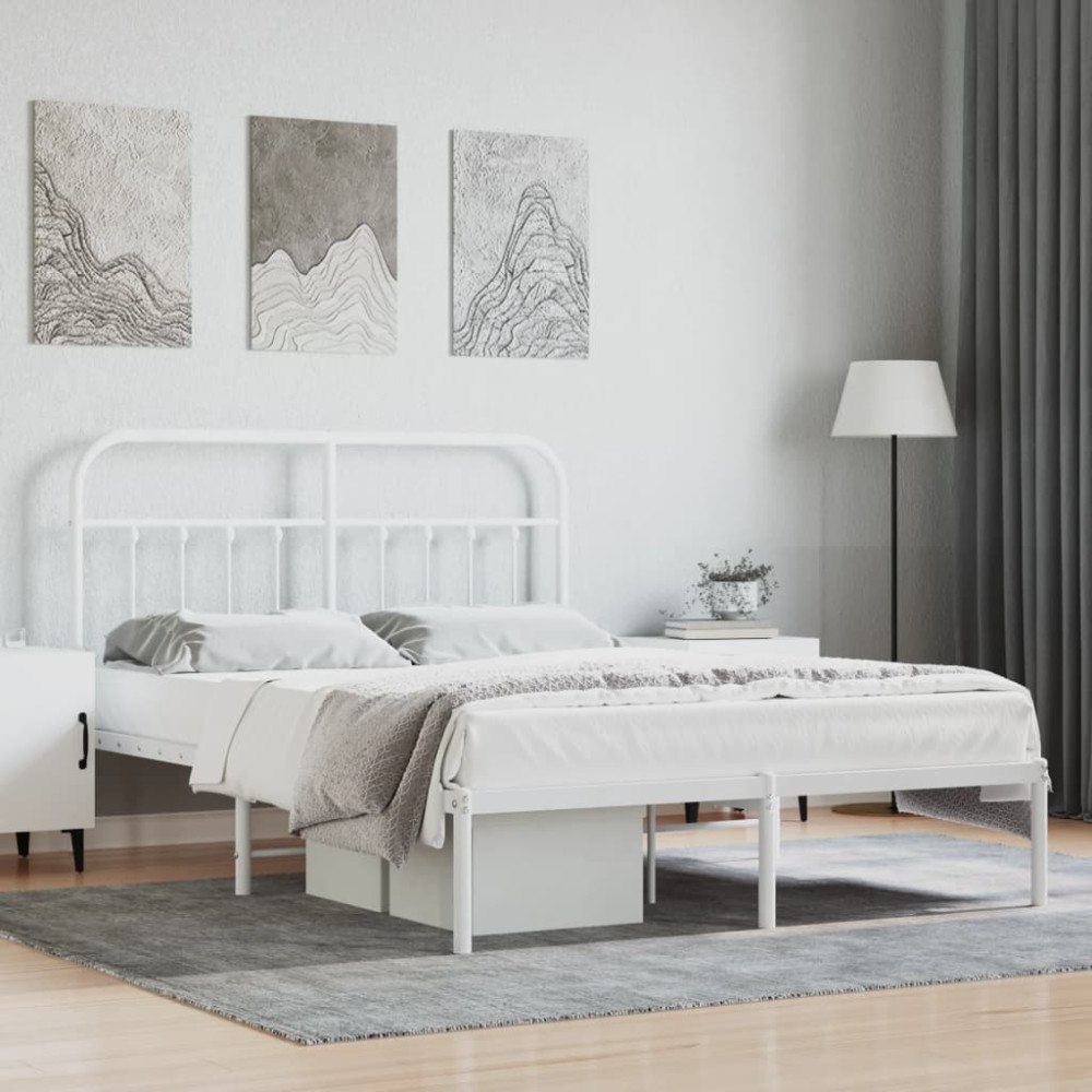 vidaXL Sängram med huvudgavel metall vit 150x200 cm