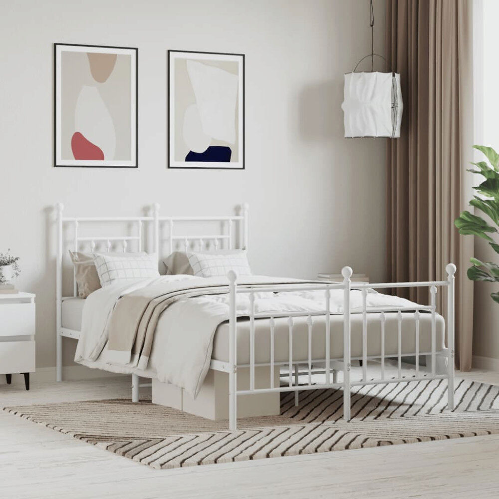 vidaXL Sängram med huvudgavel och fotgavel vit metall 120x190 cm