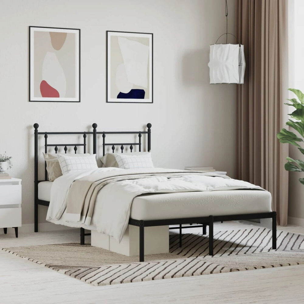 vidaXL Sängram med huvudgavel metall svart 135x190 cm